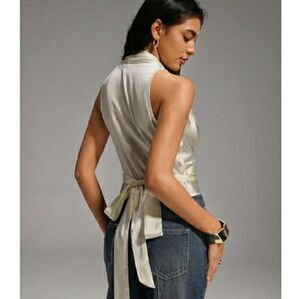 Satin Wrap Ruched Tie Side Tank Deep V Neck Sleeveless Blouse Tan